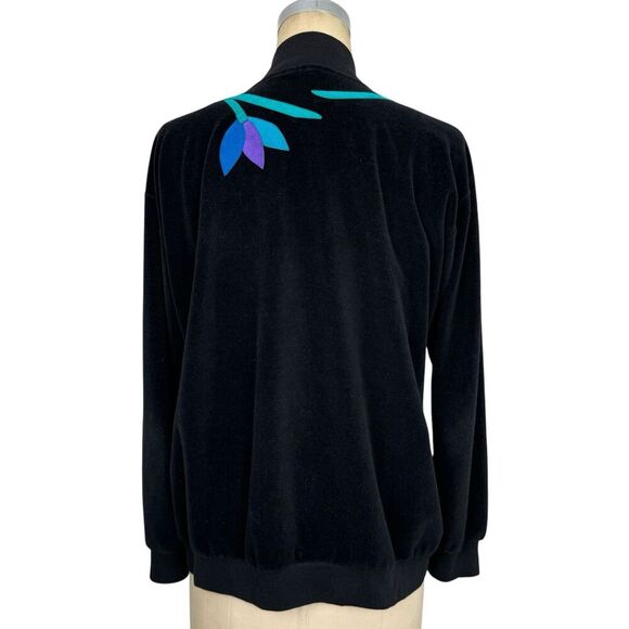Vintage Ella Manfredi Women's Velour Track Jacket Small Black Floral USA Granny - Picture 4 of 13